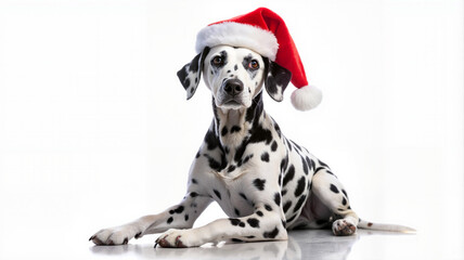 Dalmatian dog in Santa hat, Christmas indoors