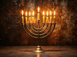 Fototapeta premium Modern Menorah with Burning Candles Against Dark Textured Backdrop for Dramatic Minimalist Photography