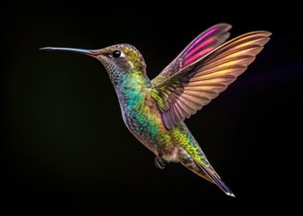 Obraz premium Vibrant Hummingbird Art: Colorful Lines on Black Background | Stunning Fashion Photography Inspiration | Abstract Design for Modern Decor | Unique Wall Art Ideas