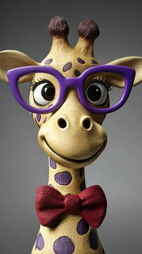 Cute cartoon giraffe with purple glasses red bow tie