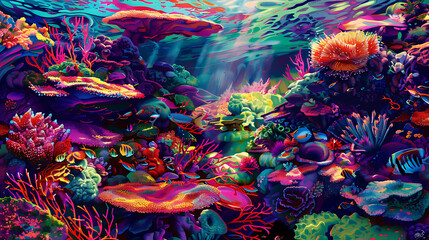 Fototapeta premium Vibrant Underwater Coral Reef Scene with Colorful Marine Life and Sunlight Trickling Through Ocean Surface