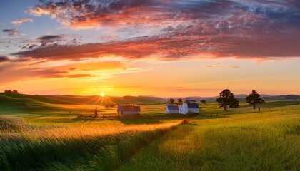 Fototapeta premium Farmhouses and barns dot the landscape, their outlines softened by the evening glow. 