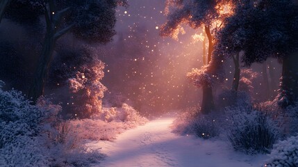 Enchanting winter forest with soft snowfall and warm light in the background.