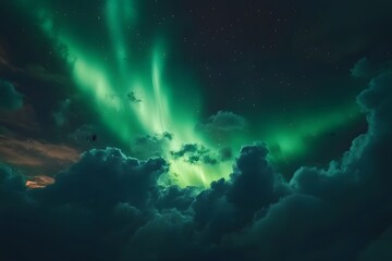 Fototapeta premium A mesmerizing display of the aurora borealis illuminating the night sky among clouds.