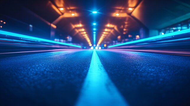 tron legacy, blue neon light ambience city, long wide road, wide perspective angle