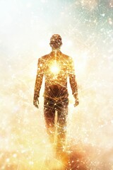 Fototapeta premium Golden light man, network connections, glowing aura.