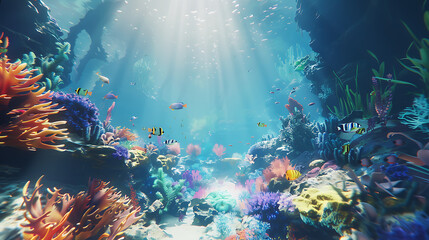 Obraz premium Underwater Paradise: Vibrant Coral Reef Scene with Colorful Fish and Sunlight Streaming Through the Ocean Water in a Breathtaking Marine Environment