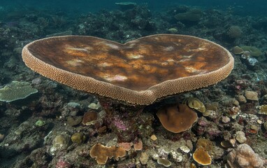 Stunning Coral Formation Underwater with Unique Heart Shape Surrounded by Vibrant Marine Life and Colorful Reef Ecosystem in Clear Tropical Waters