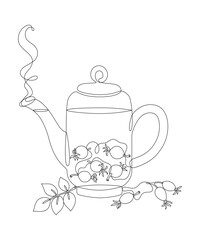 Teapot with rosehip tea, drawn with continuous line in minimalist style, transparent glass tea kettle, hot drink, dry fruits, line art, editable vector contour.