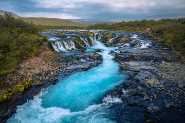Bruarfoss blue waterfall in Iceland