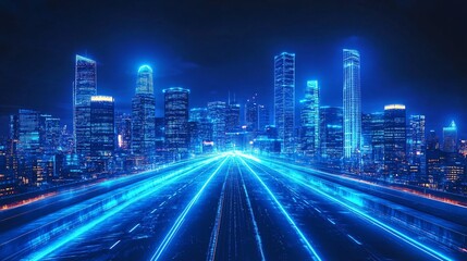 Fototapeta premium tron legacy, blue neon light ambience city, long wide road, wide perspective angle