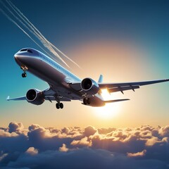 A plane in the sky with vibrant sunlight, front view, day time, travel items.