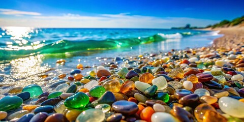Natural Polish Textured Sea Glass and Stones on the Seashore with Azure Clear Sea Water and Gentle Waves Creating a Serene Coastal Landscape Scene