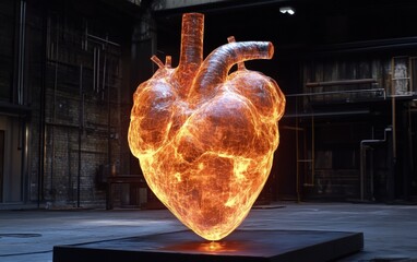 Radiant Heart Sculpture Illuminated with Glowing Fire Effects in an Industrial Space for Artistic and Emotional Conceptual Themes