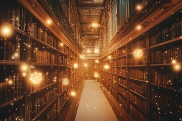 Fototapeta premium Magical library, glowing books, enchanting ambiance.