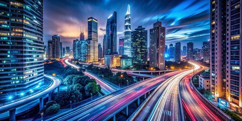 Obraz premium Night Photography Capturing the Essence of Generative AI Technology in a Futuristic Urban Landscape with Striking Light Trails and Digital Elements