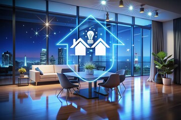 Fototapeta premium Night Photography of a Clean House Symbolizing a Cleaning Company, Featuring a Video Conference Logo in Flat Style, Ideal for Modern Business Branding and Marketing