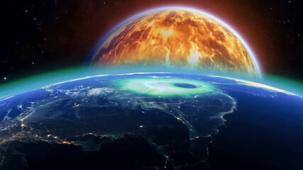 Fiery Celestial Encounter: Earth and a blazing, fiery planet share the frame in a dramatic, cosmic close-up, showcasing the vastness and power of the universe.