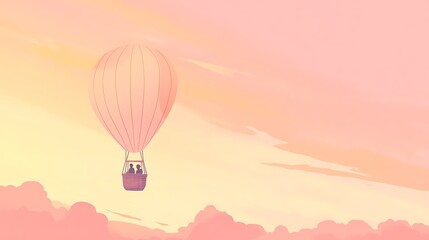 Obraz premium Couple flying in hot air balloon at sunset over pink clouds