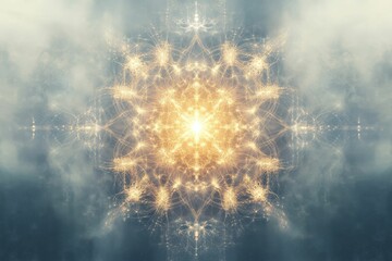 Obraz premium Golden light bursts, celestial nebula, cosmic art.