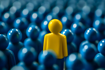 Fototapeta premium A single yellow figure stands out amongst a sea of blue figures, symbolizing individuality, uniqueness, leadership, vision, and standing out.
