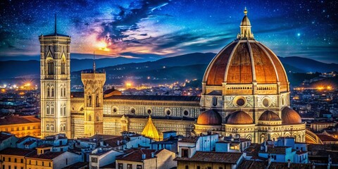 Fototapeta premium Night Photography of Duomo Cathedral in Florence - Captivating Postcard View with Illuminated Facade and Starry Sky for Stunning Visuals and Travel Memories