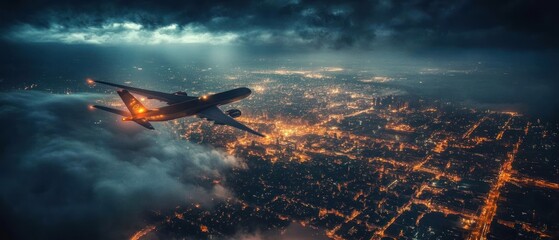 Naklejka premium Aerial view of a city at night with an airplane flying above clouds.