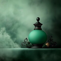 Obraz premium A delicate antique style glass vessel holding a luminous emerald green tincture or potion positioned on a muted vintage inspired backdrop with a moody atmospheric ambiance