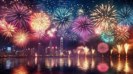 Obraz premium Vibrant fireworks display over city skyline reflected in water at night.