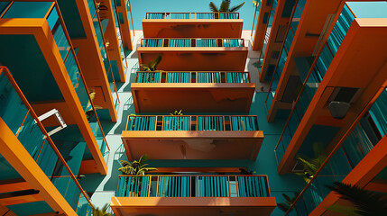 Fototapeta premium Vibrant Residential Architecture with Colorful Balconies and Lush Greenery in a Modern Urban Setting