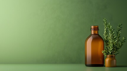 Amber glass bottle of herbal tincture set against a muted earthy green backdrop representing the natural origins and traditional remedies of plant based curative treatments and homeopathic medicines