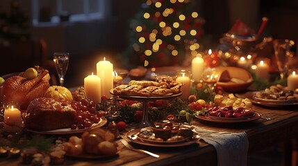 Festive dinner table with holiday food and candles background for document