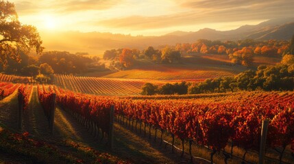 Fototapeta premium sprawling vineyards bathed in golden light during sunset, with rows of grapevines adorned in autumn hues of red, orange,