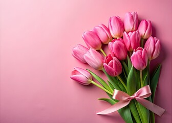 Beautiful Pink Tulips Tied with Ribbon on Pastel Pink Background for Mother's Day Celebrations and Appreciation Gifts