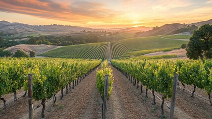 Fototapeta premium sprawling vineyards bathed in golden light during sunset, with rows of grapevines adorned in autumn hues of red, orange,