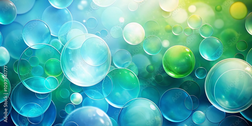 Poster overlapping circles in soft blue and green tones creating a fluid abstract design with copy space fo