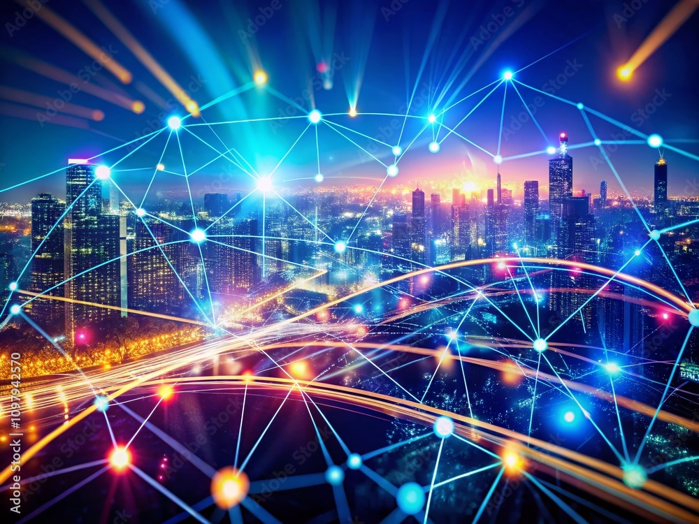 Poster panoramic view of a futuristic communication and technology network with dynamic moving lines and do