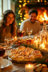 Fototapeta premium Festive dinner with smiling couple enjoying holiday meal in warm, cozy ambience