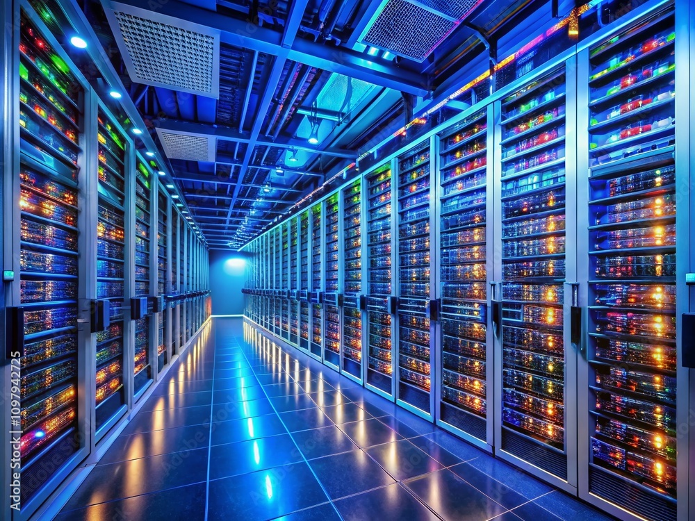 Poster panoramic view of a modern data center with rows of server racks, hosting infrastructure, and networ