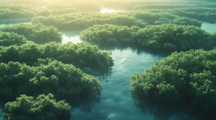 Aerial view of lush mangrove forest reflecting in tranquil waters at sunrise.