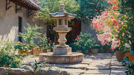 Fototapeta premium Tranquil garden scene with stone lantern, vibrant flowers, and serene atmosphere.