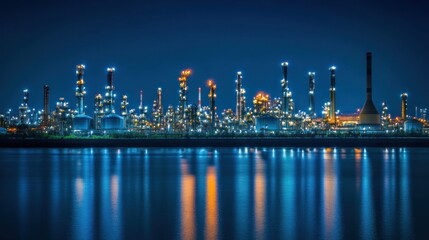 Banner Oil refinery gas petrol plant industry with crude tank . night view with industrial lighting.