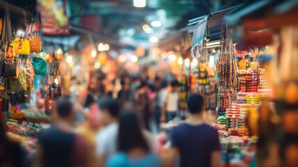 Fototapeta premium A soft-focus photograph depicting a crowded marketplace, where a blurred crowd of unrecognizable shoppers moves through stalls filled with goods.