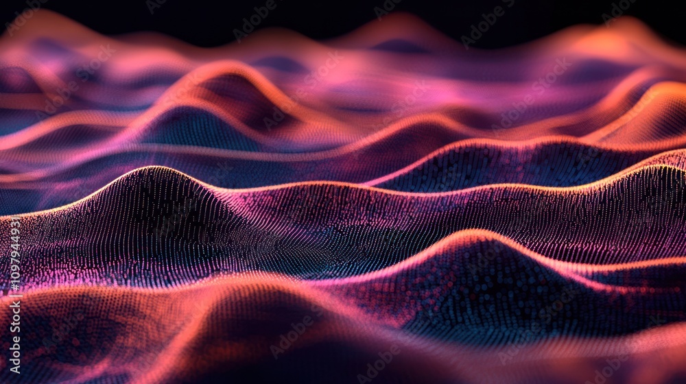 Poster a series of dots connected by fluid gradient lines, creating a sophisticated wave pattern.