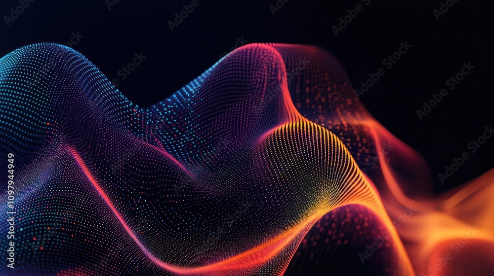 Poster a series of dots connected by fluid gradient lines, creating a sophisticated wave pattern.