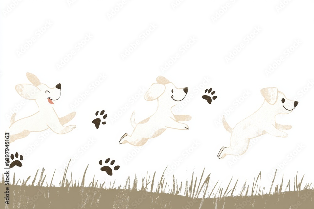 Poster two joyful dogs are happily running across a grassy area, leaving playful paw prints behind. their e