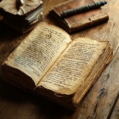 Obraz premium Ancient book, aged pages, handwritten script, wooden table.