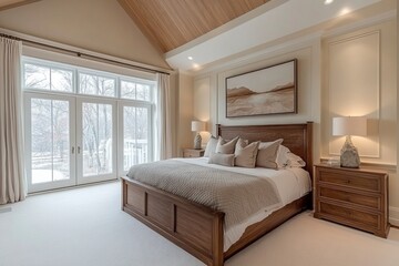 Fototapeta premium Modern scandi master bedroom with light white oak wallpaper ceiling chic natural and neutral tones w wooden bed organic accents generative ai