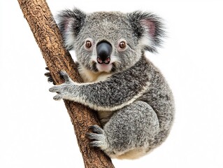 Fototapeta premium Overweight Koala Bear Clinging to Tree Trunk Cute Sleepy Eyes and Protruding Round Belly on White Background