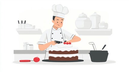 A chef decorates a chocolate cake with strawberries in a modern kitchen.
